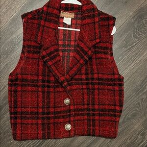 Vintage Red and Black Plaid Sherpa Vest with Silver  Buttons